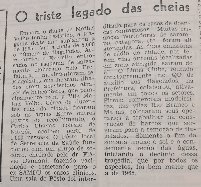 Texto na edição de 7 a 13 de outubro de 1967 já comparava enchente da época com a de dois anos antes