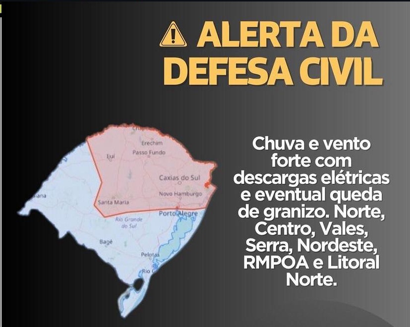Defesa Civil alerta para chuva e vento forte nas próximas horas