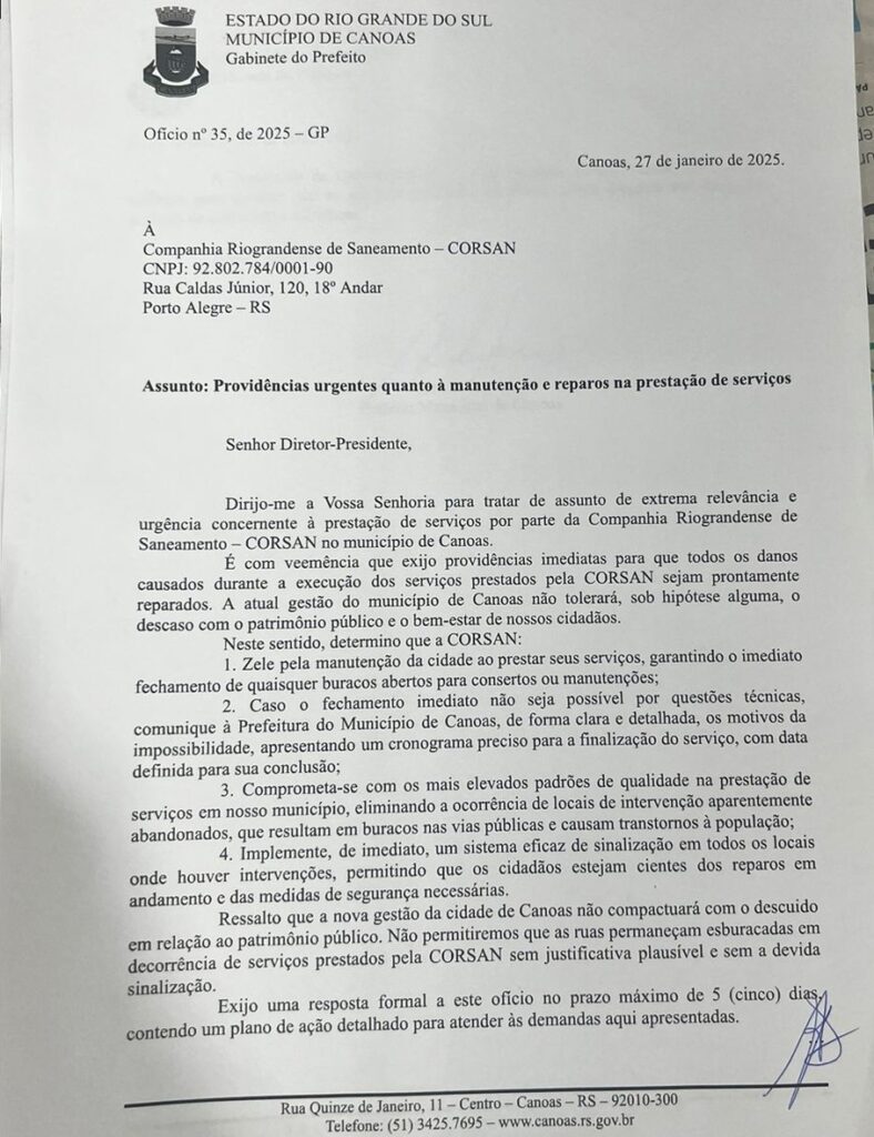 Prefeito Airton Souza pede providências urgentes e reparos à Corsan
